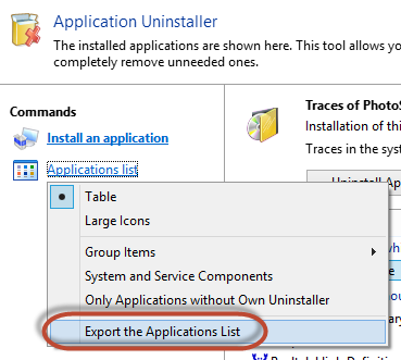 The list of applications can be exported